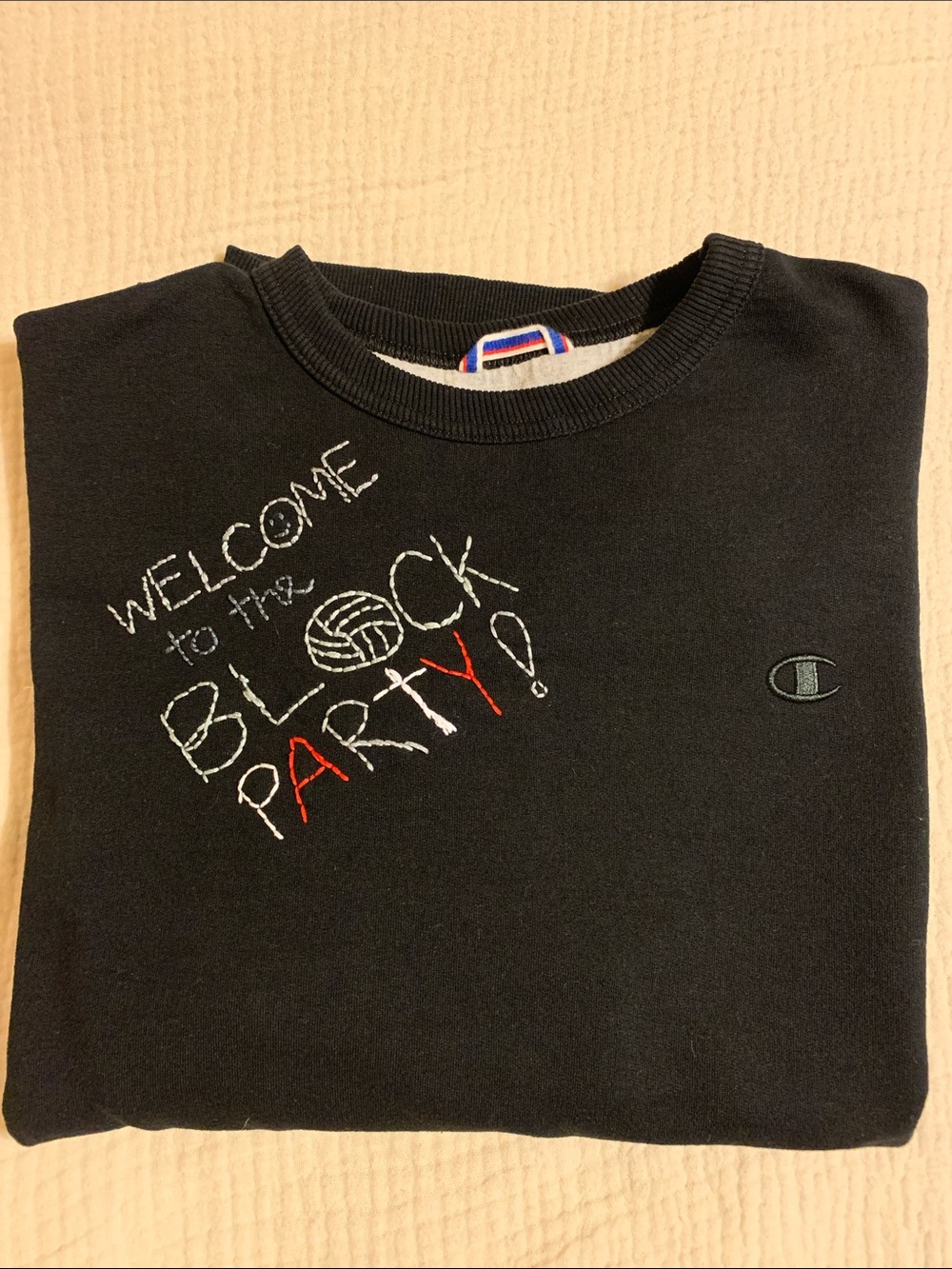 Champion Black Crewneck with 'Welcome to the Block Party' Hand Embroidery